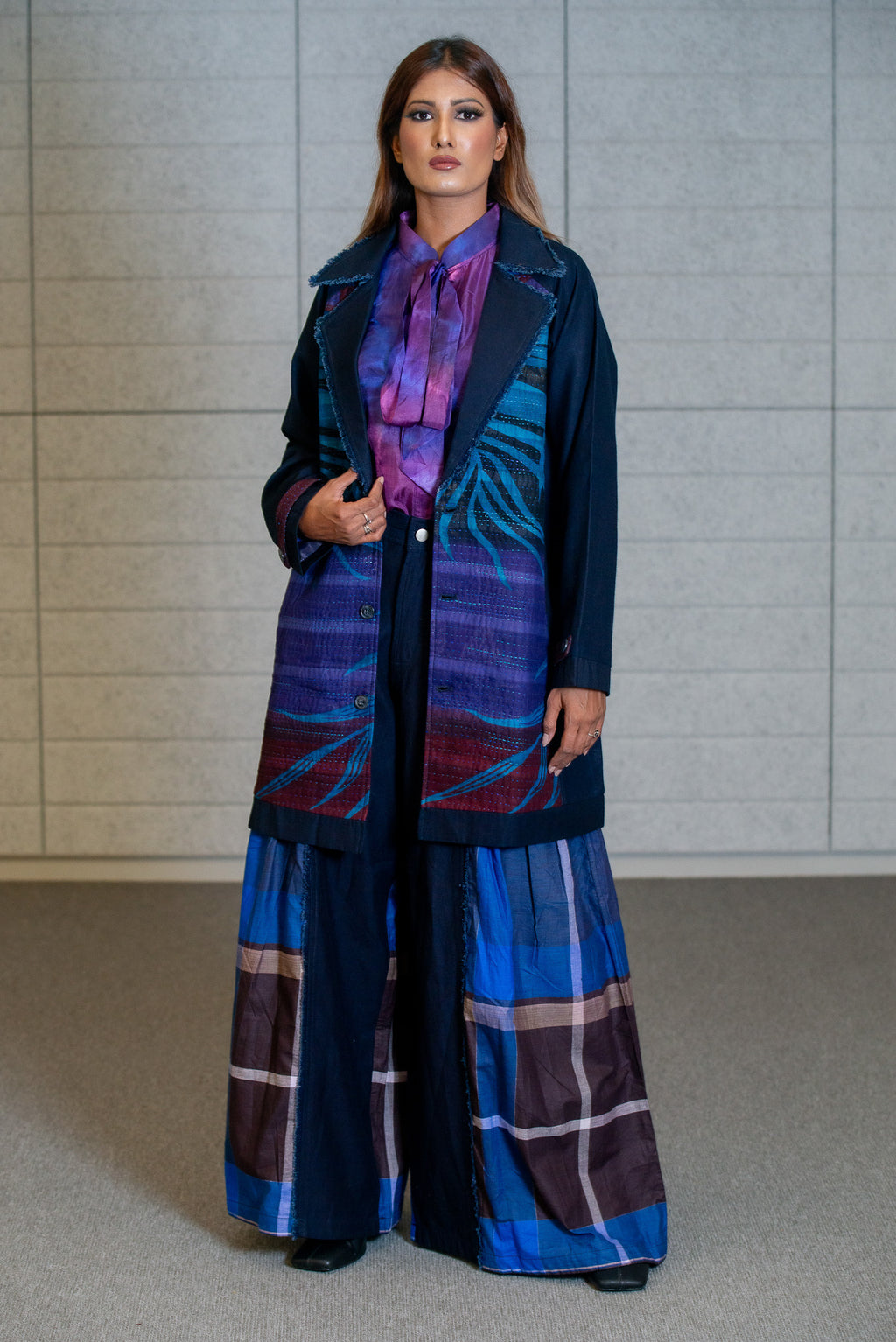 Purple Turquoise Kantha Long Coat